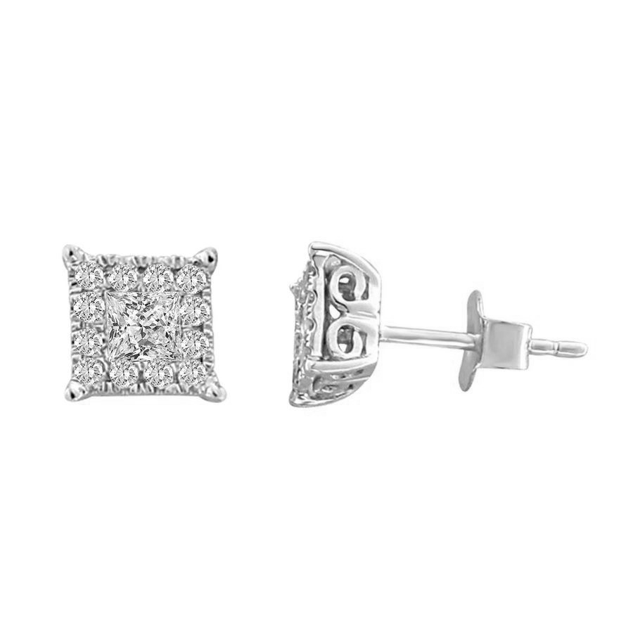 LADIES EARRINGS 0.50CT ROUND/PRINCESS DIAMOND 14K WHITE GOLD - Image 1