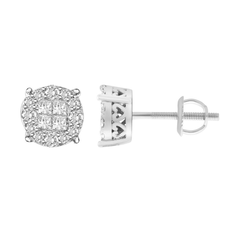 LADIES STUD EARRINGS 1.50CT ROUND/PRINCESS DIAMOND 14K WHITE GOLD - Image 1