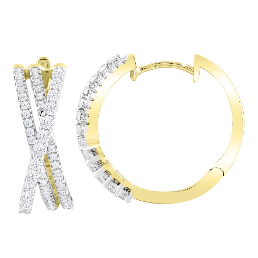 LADIES HOOP EARRINGS 0.75CT ROUND DIAMOND 14K YELLOW GOLD - Image 1