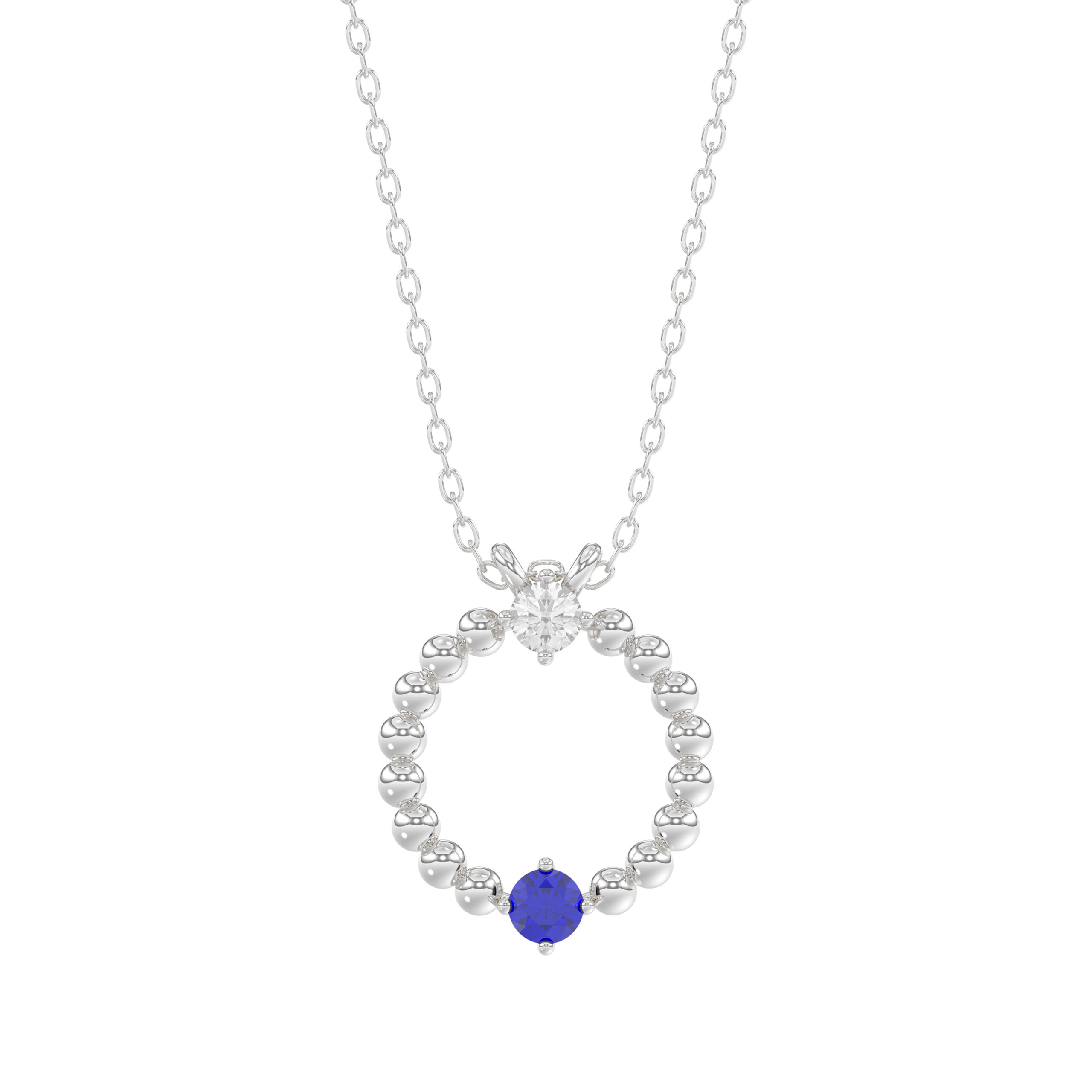 14K White Gold 0.15Ct Blue Sapphire & Diamond Necklace For Women Natural Round Sapphire Ladies Jewelry - Image 1