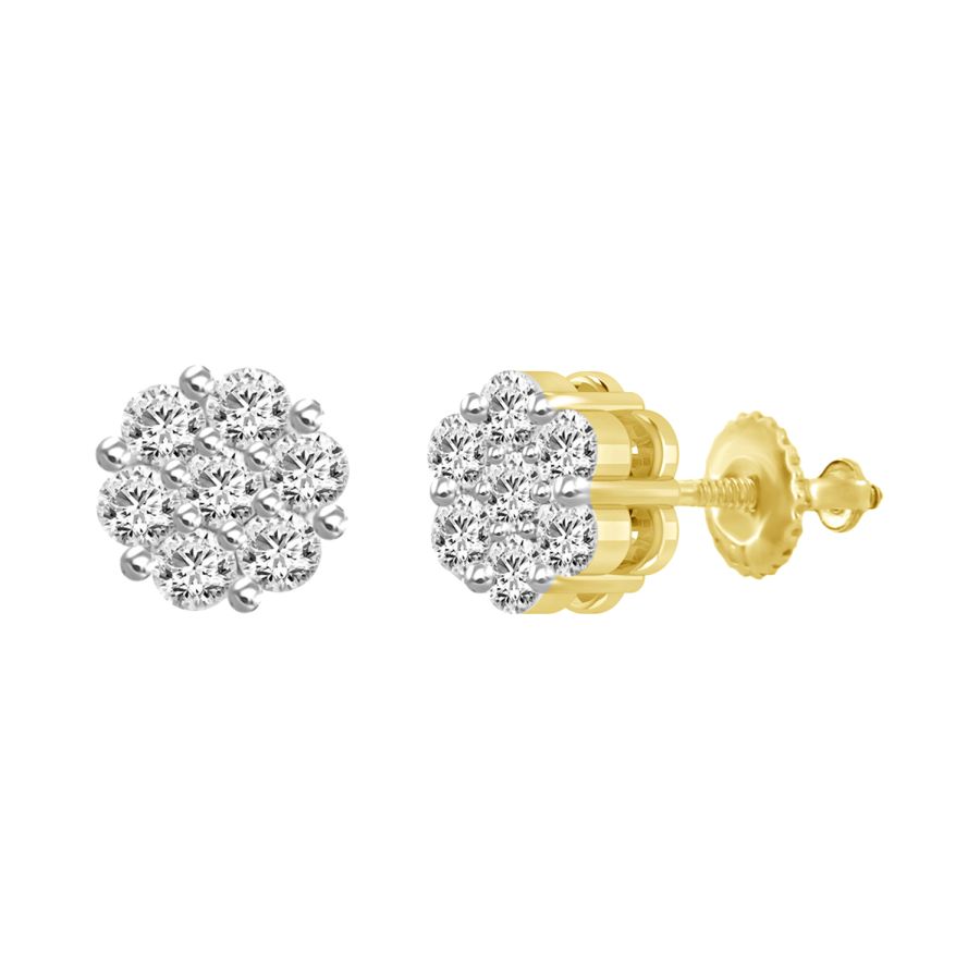 LADIES FLOWER EARRINGS 1.00CT ROUND DIAMOND 14K YELLOW GOLD - Image 1