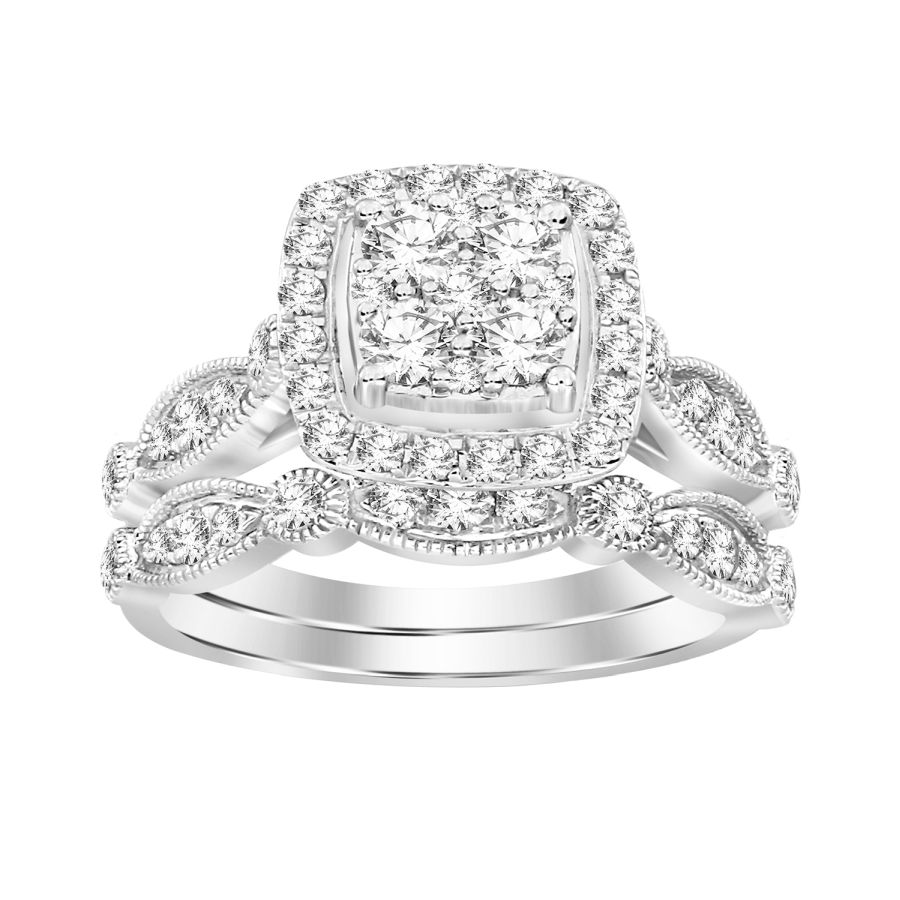 LADIES BRIDAL SET 1.00CT ROUND DIAMOND 14K WHITE GOLD - Image 1