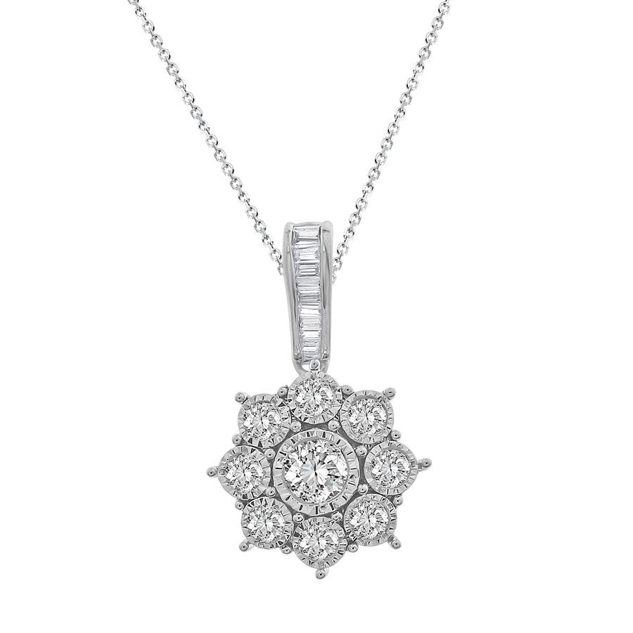LADIES PENDANT WITH CHAIN 0.25CT ROUND/BAGUETTE DIAMOND 10K WHITE GOLD - Image 1