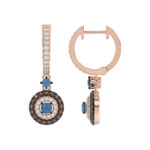 Beautiful 14K Rose Gold Ladies Hoop Earrings Featuring Multi-Color Diamonds In Blue And Dark Brown Shades.1.00 Ct Elegant Jewelry Design. - Image 2