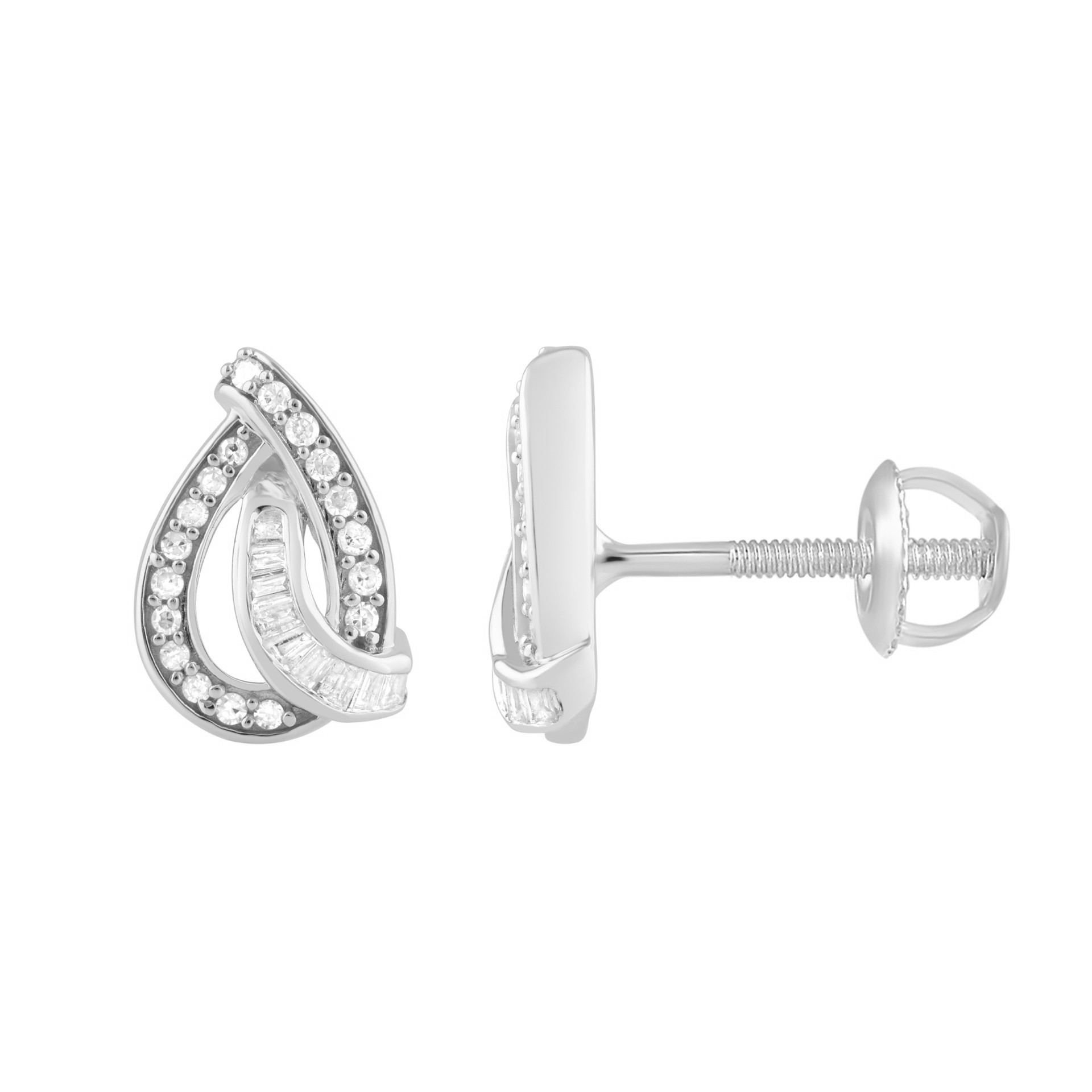 LADIES EARRINGS 0.20CT ROUND/BAGUETTE DIAMOND 10K WHITE GOLD - Image 1