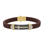 Men�S Sterling Silver Yellow Bracelet With Brown Leather Strap And Central Black Accent � 0.25Ct