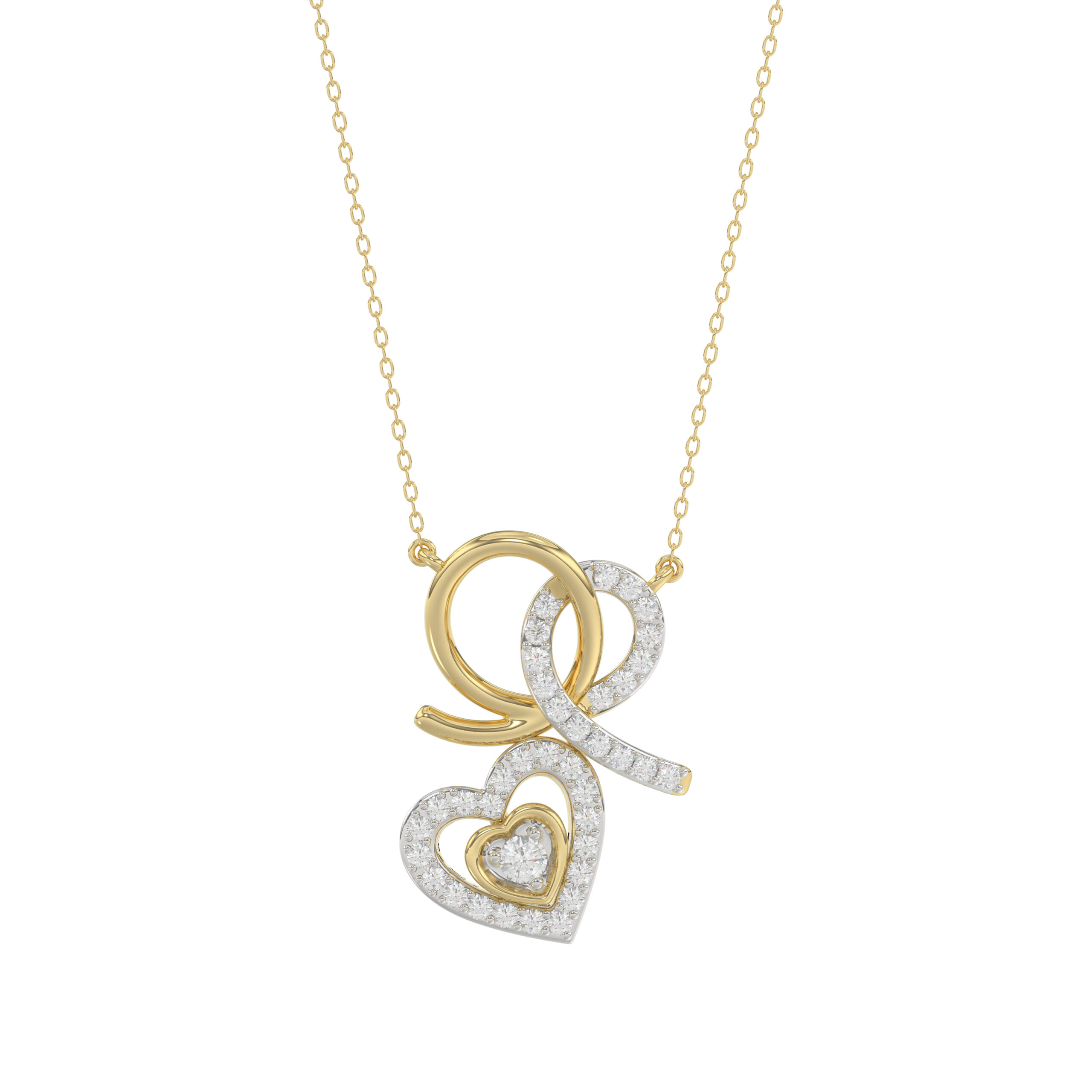 Stylish 10K Yellow Gold 0.15Ct Ladies Necklace Featuring Intertwined Double Hearts And Diamond Accents. A Delicate And Elegant Fine Jewelry - Image 1