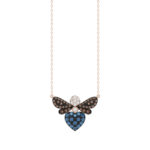 14K Rose Gold Ladies Butterfly Pendant With Colorful Diamond Accents In Blue, Dark Brown, And Round Cuts. A Stylish 0.33 Ct Jewelry Necklace With Chai