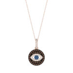 Elegant 14K Rose Gold Evil Eye Pendant For Women Featuring 0.50 Ct Round, Dark Brown, And Blue Diamonds. Includes Chain For A Complete Look.