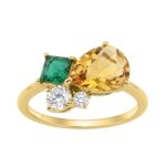 Elegant 14K Yellow Gold 2 7/8Ct Round Diamond,Pear Yellow Sapphire & Princess Emerald Engagement Ring Fine Jewelry (Color F-G -Clarity Vs1/Vs2)