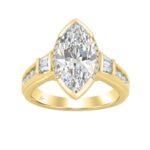 Elegant 14K Yellow Gold Diamond Engagement Ring Featuring 3 1/2Ct Round, Marquise & Baguette Diamonds With Sparkling Side Stones. Perfect For Weddings