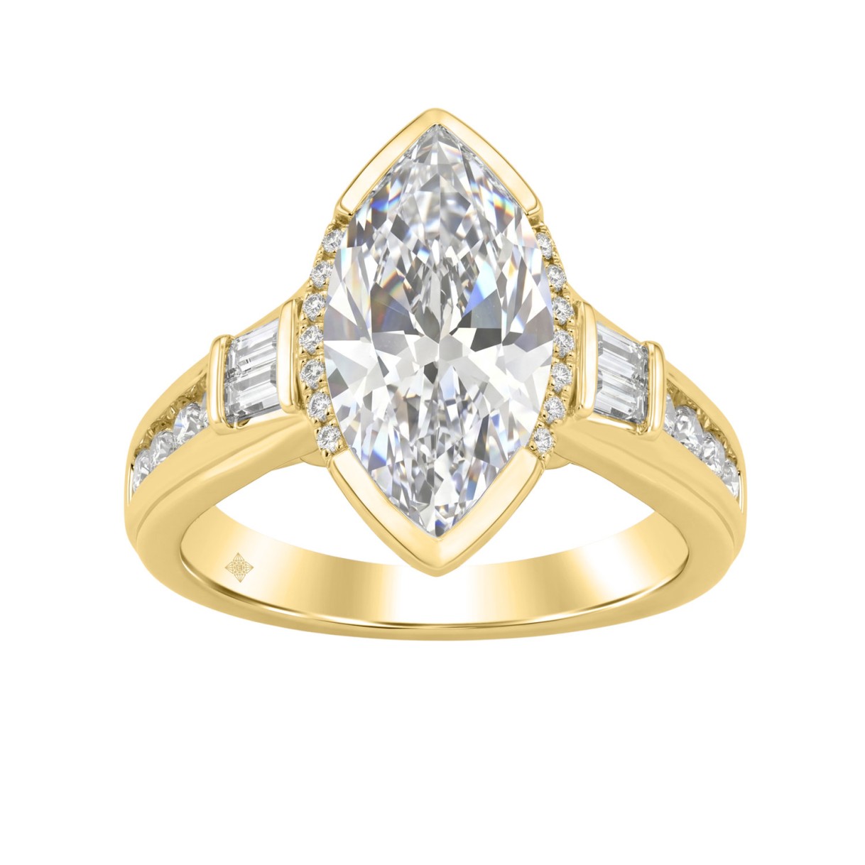 Elegant 14K Yellow Gold Diamond Engagement Ring Featuring 3 1/2Ct Round, Marquise & Baguette Diamonds With Sparkling Side Stones. Perfect For Weddings - Image 1