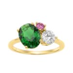 Elegant 14K Yellow Gold Diamond, Emerald Oval & Pink Sapphire Ring For Women 3 1/6Ct Round & Oval Cut Multi-Stone Ladies Jewelry (Color F-G -Clarity V