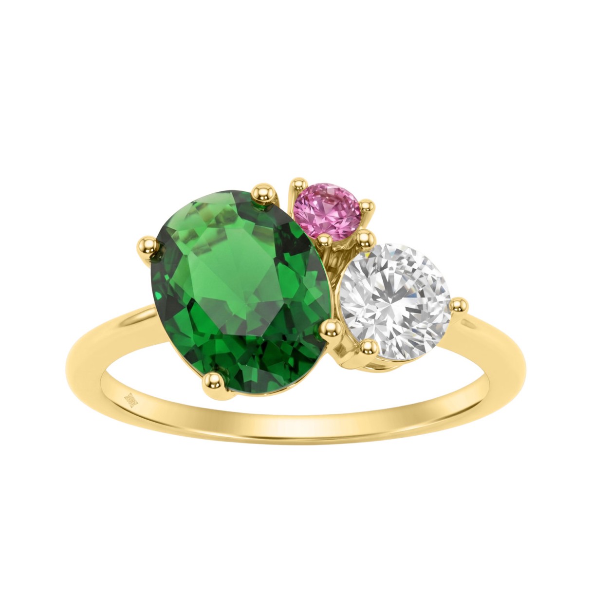 Elegant 14K Yellow Gold Diamond, Emerald Oval & Pink Sapphire Ring For Women 3 1/6Ct Round & Oval Cut Multi-Stone Ladies Jewelry (Color F-G -Clarity V - Image 1