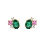 Elegant 14K Yellow Gold Diamond, Green Emerald Oval & Princess Pink Sapphire Fashion Earrings 2 5/8Ct Round Diamond Cut Fine Jewelry (Color F-G -Clari