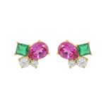 Elegant 14K Yellow Gold Diamond, Green Emerald Princess & Pear Pink Sapphire Fashion Earrings 2 1/6Ct Round Diamond Cut Fine Jewelry (Color F-G -Clari