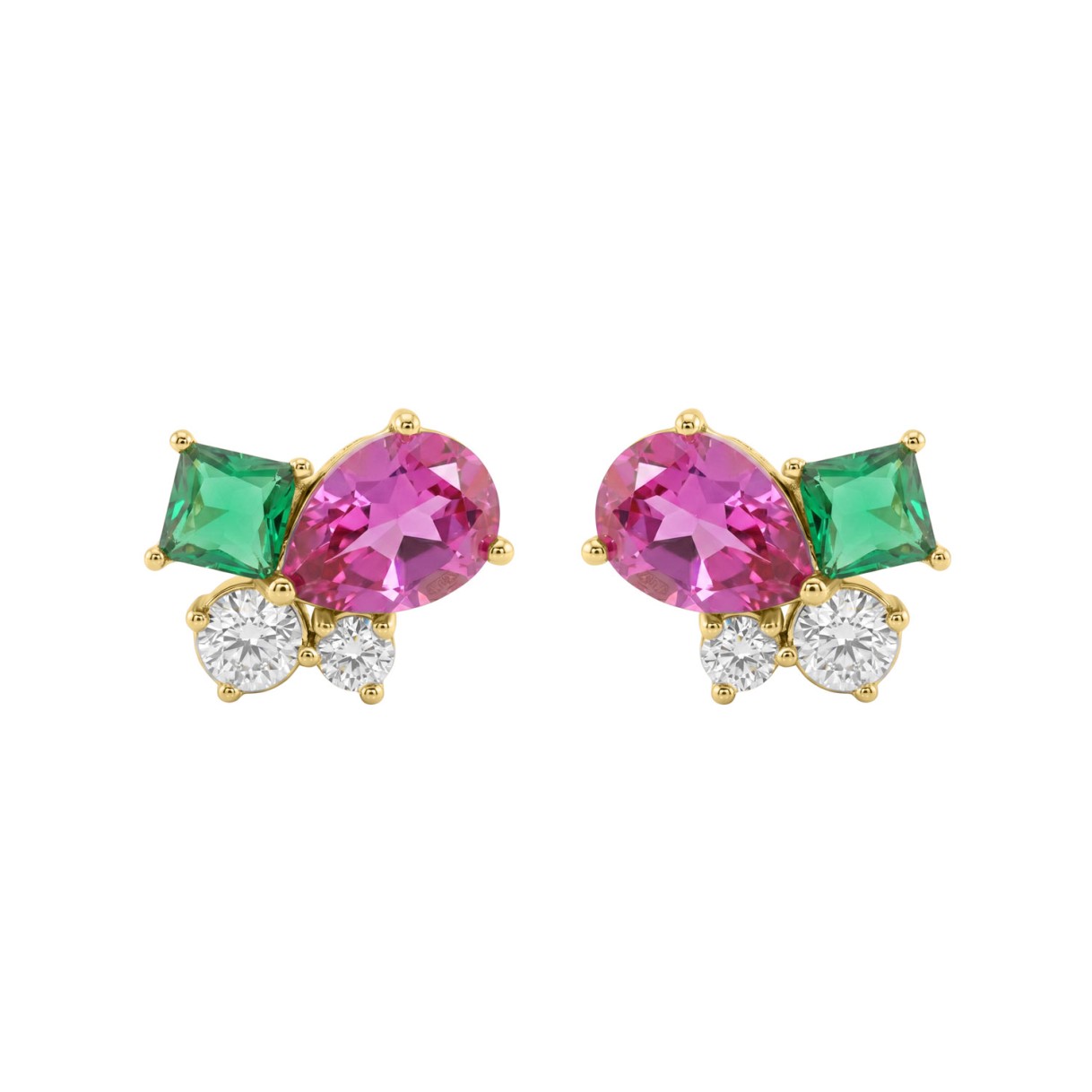 Elegant 14K Yellow Gold Diamond, Green Emerald Princess & Pear Pink Sapphire Fashion Earrings 2 1/6Ct Round Diamond Cut Fine Jewelry (Color F-G -Clari - Image 1