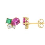 Elegant 14K Yellow Gold Diamond, Green Emerald Princess & Pear Pink Sapphire Fashion Earrings 2 1/6Ct Round Diamond Cut Fine Jewelry (Color F-G -Clari - Image 2