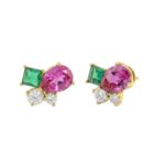 Elegant 14K Yellow Gold Diamond, Green Emerald Princess & Pear Pink Sapphire Fashion Earrings 2 1/6Ct Round Diamond Cut Fine Jewelry (Color F-G -Clari - Image 3