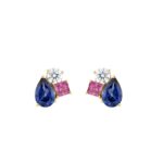 Elegant 14K Yellow Gold Diamond, Pear Blue Sapphire & Princess Pink Sapphire Fashion Earrings 1 1/3Ct Round Diamond Cut Fine Jewelry (Color F-G -Clari