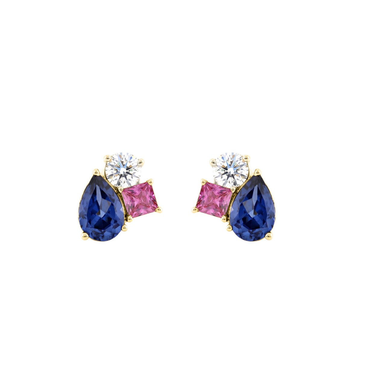 Elegant 14K Yellow Gold Diamond, Pear Blue Sapphire & Princess Pink Sapphire Fashion Earrings 1 1/3Ct Round Diamond Cut Fine Jewelry (Color F-G -Clari - Image 1