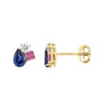 Elegant 14K Yellow Gold Diamond, Pear Blue Sapphire & Princess Pink Sapphire Fashion Earrings 1 1/3Ct Round Diamond Cut Fine Jewelry (Color F-G -Clari - Image 2