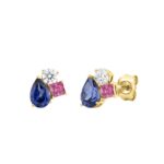 Elegant 14K Yellow Gold Diamond, Pear Blue Sapphire & Princess Pink Sapphire Fashion Earrings 1 1/3Ct Round Diamond Cut Fine Jewelry (Color F-G -Clari - Image 3