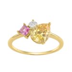 Elegant 14K Yellow Gold Round Diamond Engagement Ring With Yellow Pear & Princess Pink Sapphire 1 1/2Ct Fashion Ladies Ring (Color F-G -Clarity Vs1/Vs