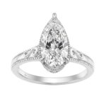 LADIES 14K White Gold 2 1/6Ct Diamond Engagement Ring Elongated Pear Cut Center With Round Side Stones, Elegant Fine Ring 2Ct Pear Center Stone (Color