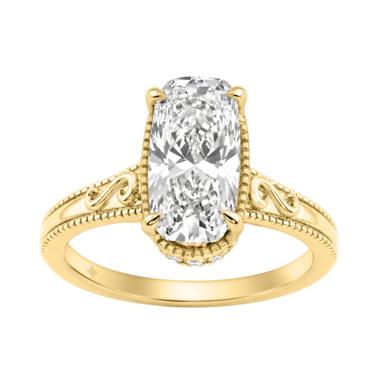 LADIES 14K Yellow Gold 2 1/6Ct Diamond Engagement Ring Elongated Cushion Cut Center With Round Side Stones, Elegant Fine Ring 2Ct Cushion Center Stone - Image 1