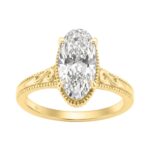 LADIES 14K Yellow Gold 2 1/6Ct Diamond Engagement Ring Elongated Oval Cut Center With Round Side Stones, Elegant Fine Ring 2Ct Oval Center Stone (Colo