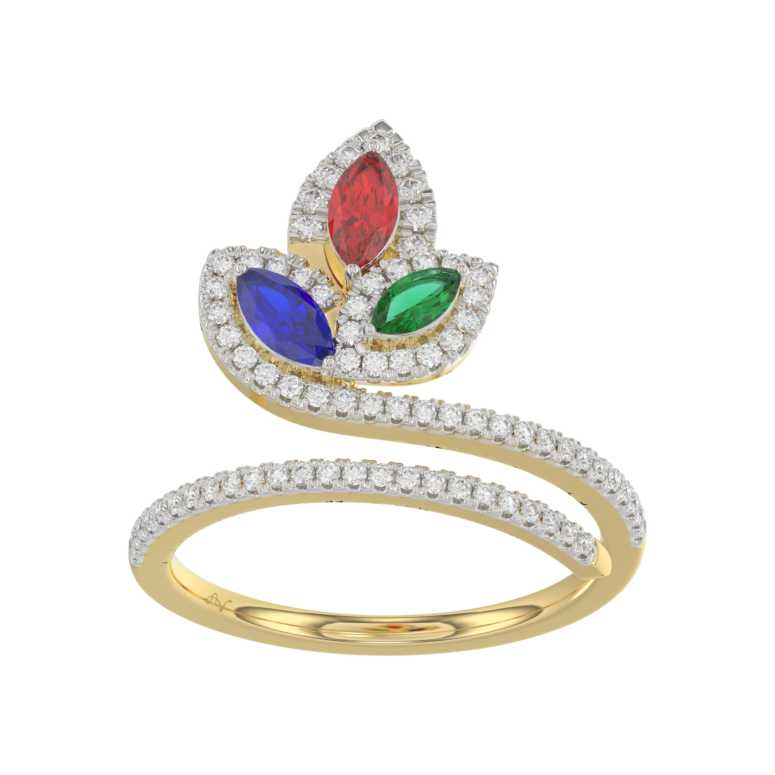 Elegant Multi-Stone 14K White Gold 0.75Ct Ladies Ring With Ruby, Sapphire, Emerald, And Marquise Diamonds. A Classic And Colorful Luxury Jewelry Piece - Image 1