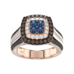 Bold And Elegant 14K Rose Gold Ladies Ring Featuring 1.50Ct Round Diamonds In Blue, Dark Brown , And White Tones. A Striking Multi-Stone Design Perfec
