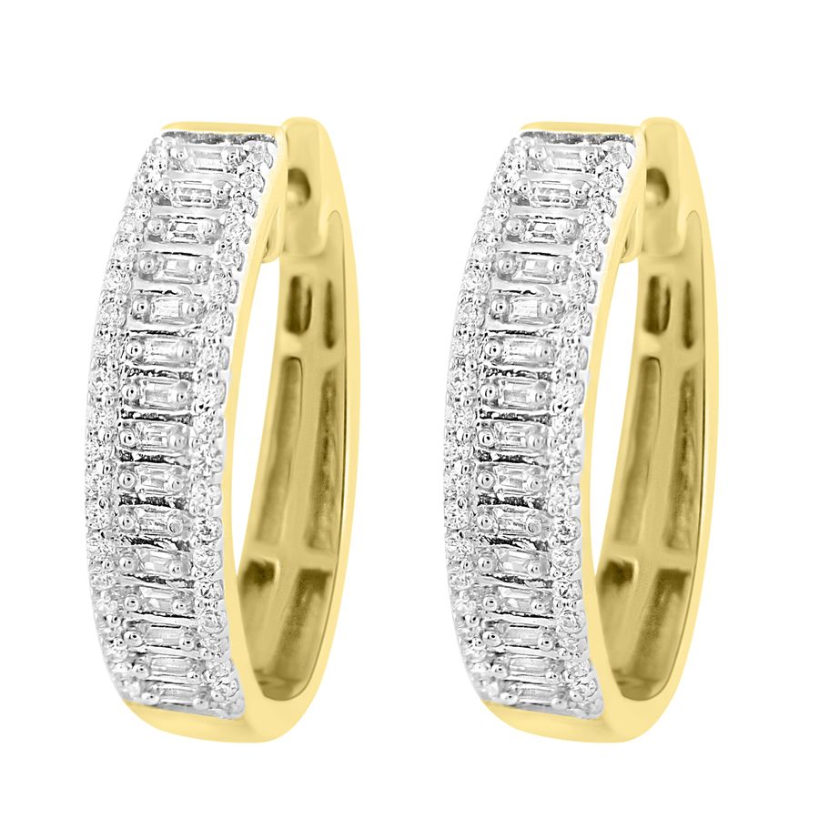 LADIES HOOP EARRINGS 0.50CT ROUND/BAGUETTE DIAMOND 10K YELLOW GOLD - Image 1