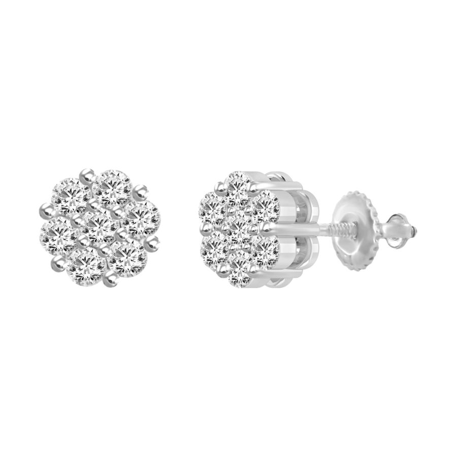 LADIES FLOWER EARRINGS 2.00CT ROUND DIAMOND 14K WHITE GOLD - Image 1