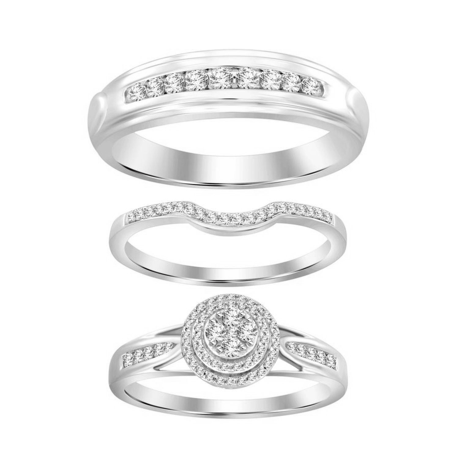 Sterling Silver White 0.50CT Round Diamond Trio Bridal Set For Women Diamond Engagement & Wedding Ring Set - Image 1