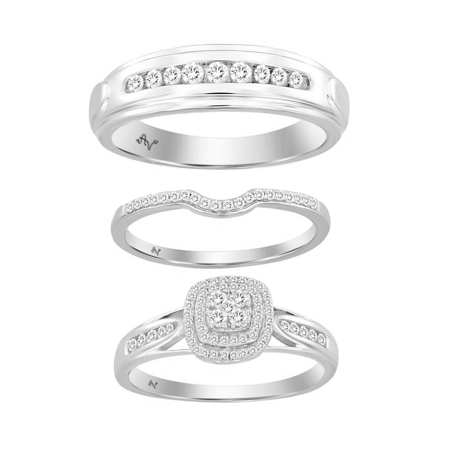 Sterling Silver White 0.50CT Round Diamond Trio Bridal Set For Women Diamond Engagement & Wedding Ring Set - Image 1