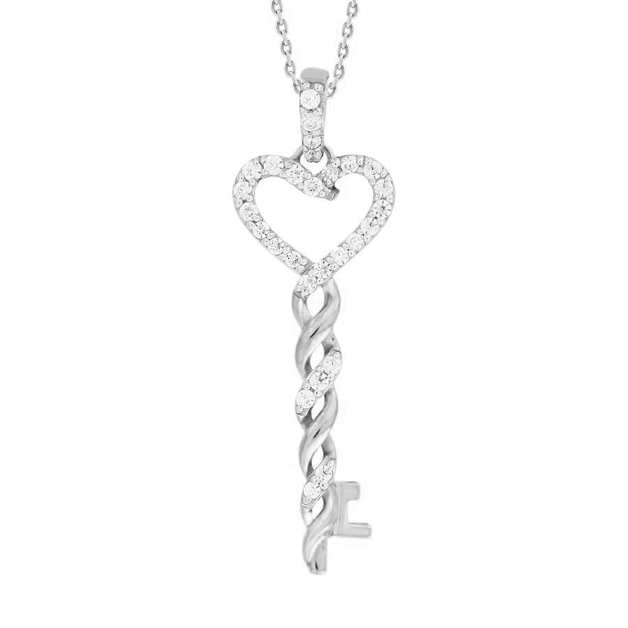 Sterling Silver 0.20CT Round Diamond Heart Key Pendant Ladies Diamond Pendant With Chain - Image 1
