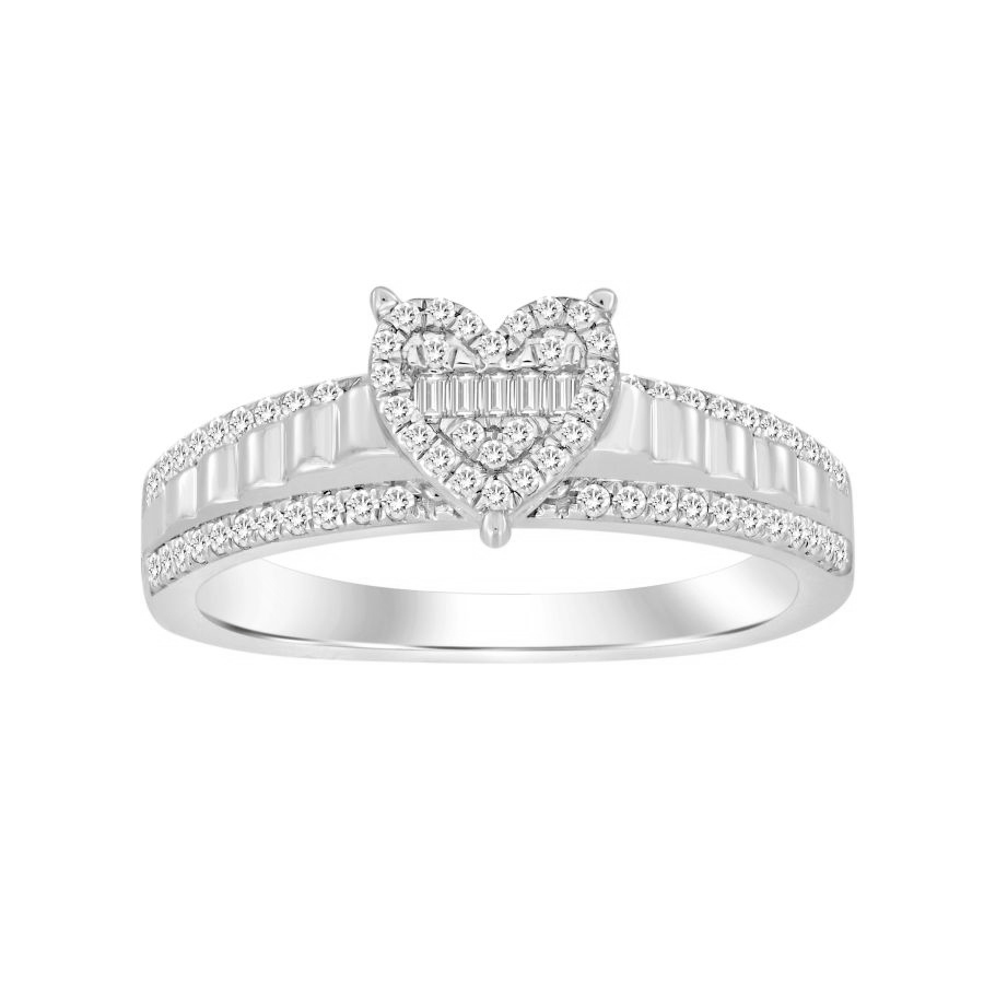 Sterling Silver Ladies 0.25CT Round & Baguette Diamond Heart-Shaped Fashion Ring - Image 1