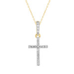 Elegant Sterling Silver Yellow Cross Pendant With Chain 0.05CT Round Diamond