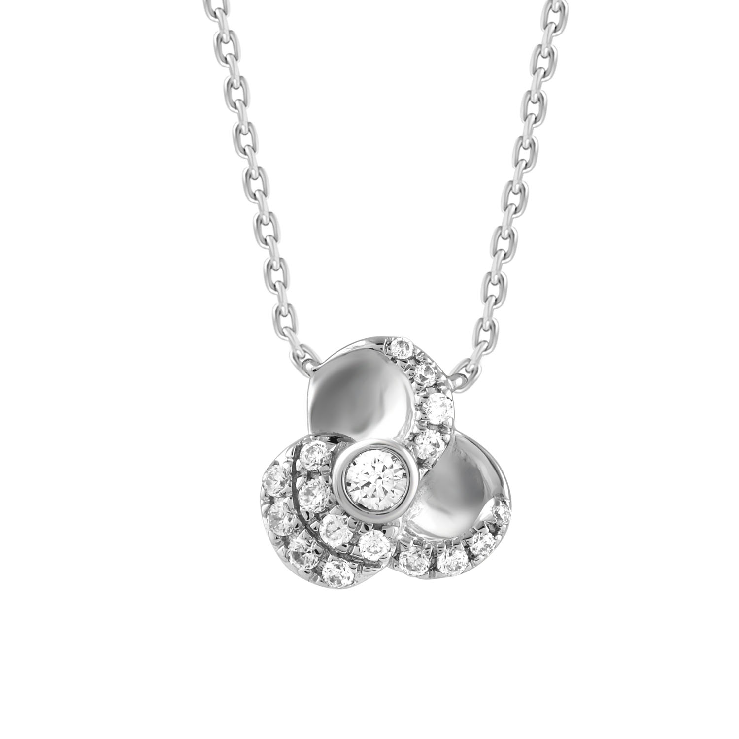 Sterling Silver Ladies 0.16CT Round Diamond Three-Petal Floral Necklace Elegant Flower Design Jewelry - Image 1