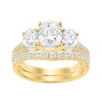 14K Yellow Gold 2 3/8Ct Oval & Round Diamond Bridal Set 1.00Ct Center Stone Oval Diamond Three Stone Engagement Ring With Matching Wedding Band For Wo