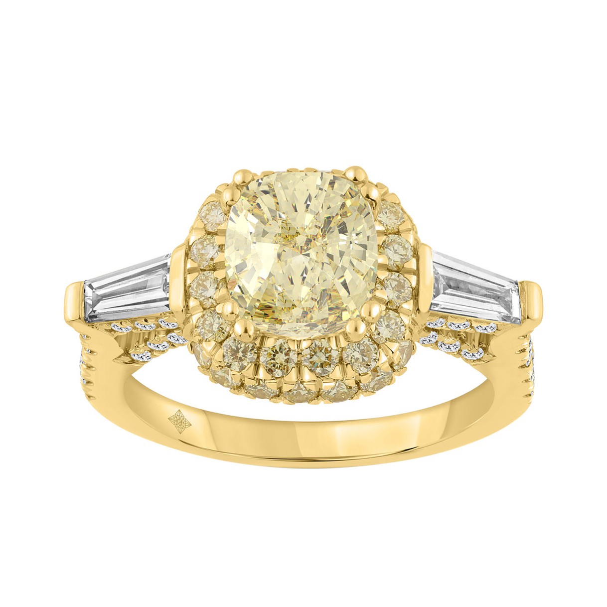 14K YELLOW GOLD 3 1/2CT ROUND/CUSHION/BAGUETTE DIAMOND LADIES RING (CENTER STONE YELLOW CUSHION DIAMOND 2CT) - Image 1