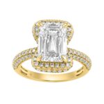 14K Yellow Gold 4 1/2Ct Ladies Emerald Cut Halo Engagement Ring 4Ct Emerald Center Stone & Round Diamond (Color F-G -Clarity Vs1/Vs2)