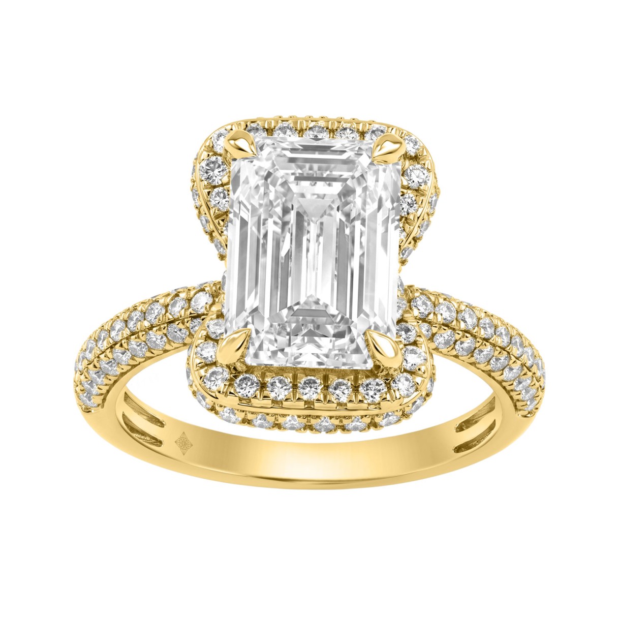 14K Yellow Gold 4 1/2Ct Ladies Emerald Cut Halo Engagement Ring 4Ct Emerald Center Stone & Round Diamond (Color F-G -Clarity Vs1/Vs2) - Image 1