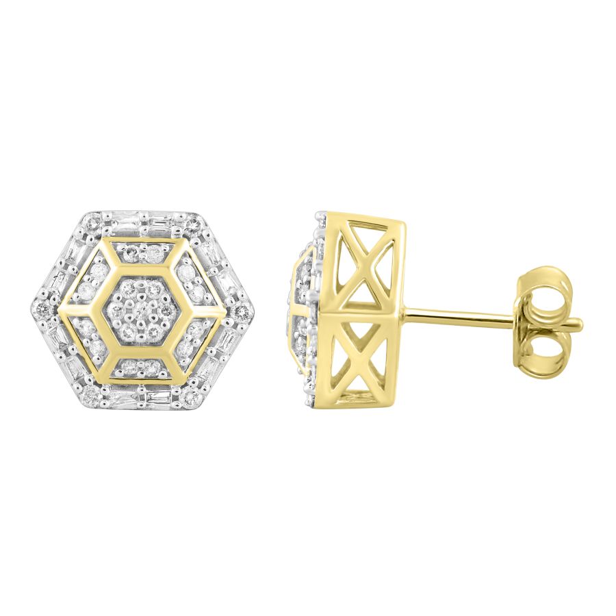 LADIES STUD EARRINGS 0.50CT ROUND/BAGUETTE DIAMOND 10K YELLOW GOLD - Image 1