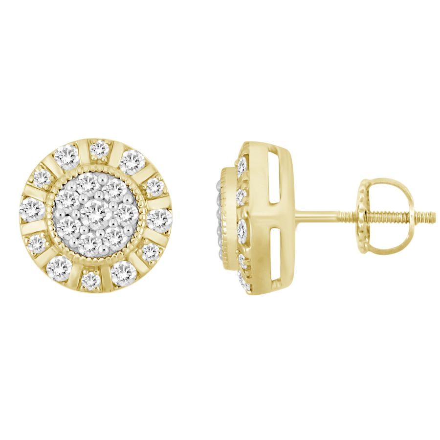 LADIES STUD EARRINGS 1.00CT ROUND DIAMOND 10K YELLOW GOLD - Image 1