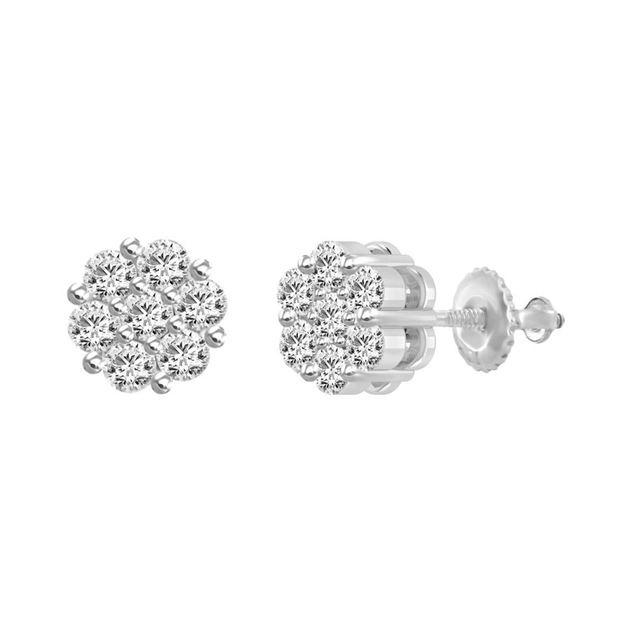 LADIES FLOWER EARRINGS 0.75CT ROUND DIAMOND 14K WHITE GOLD - Image 1