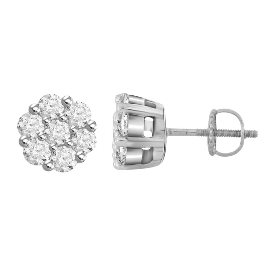 LADIES FLOWER EARRINGS 1.00CT ROUND DIAMOND 14K WHITE GOLD - Image 1