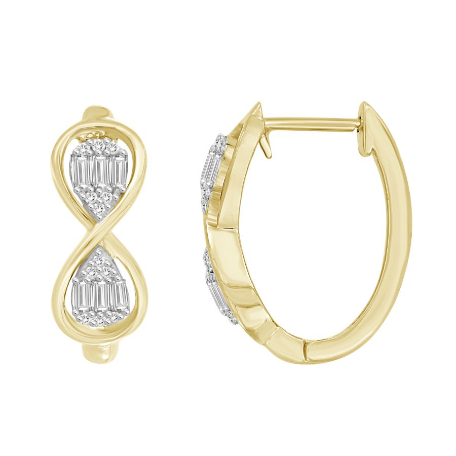 LADIES HOOP EARRINGS 0.25CT ROUND/BAGUETTE DIAMOND 10K YELLOW GOLD - Image 1